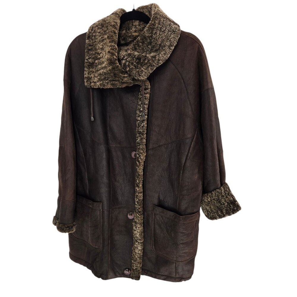 Christ German Leather size 47 brown shearling lined 4 button HEAVY coat Vintage